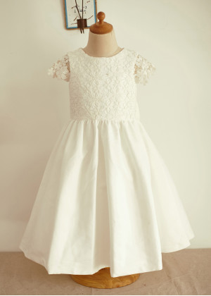 Cap Sleeves Ivory Lace Cotton Wedding Flower Girl Dress